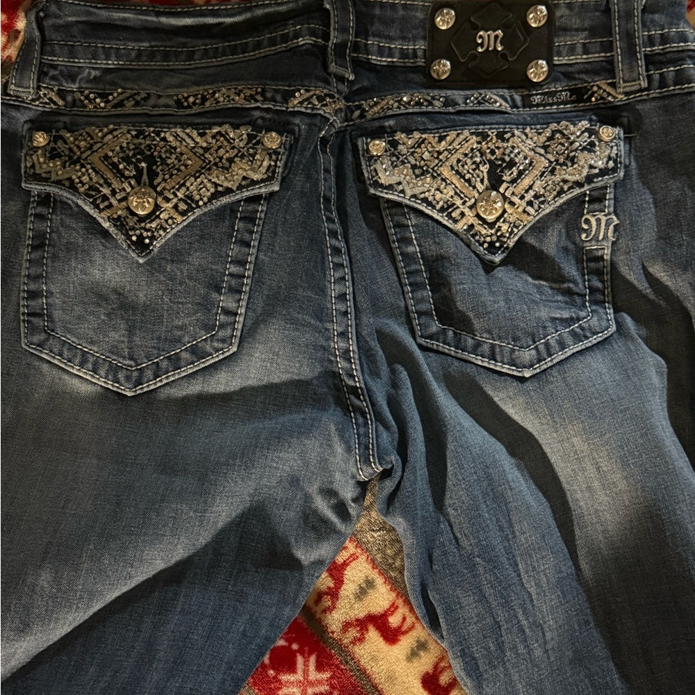 Miss Me Blue Boot Cut Jeans with Ornate Stitching